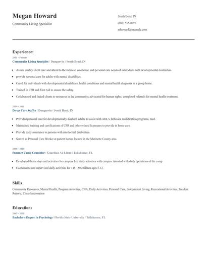 Community Living Specialist Resume