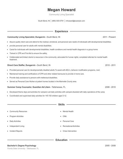 Community Living Specialist Resume