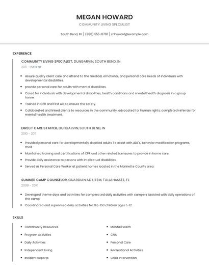 Community Living Specialist Resume