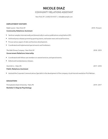 Community Relations Assistant Resume