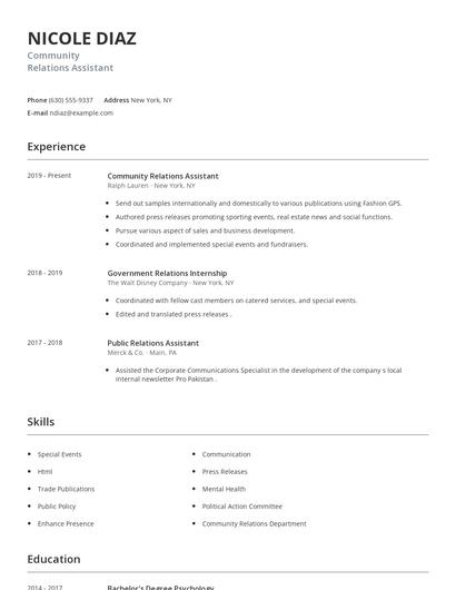 Community Relations Assistant Resume