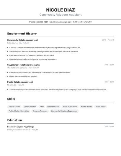Community Relations Assistant Resume