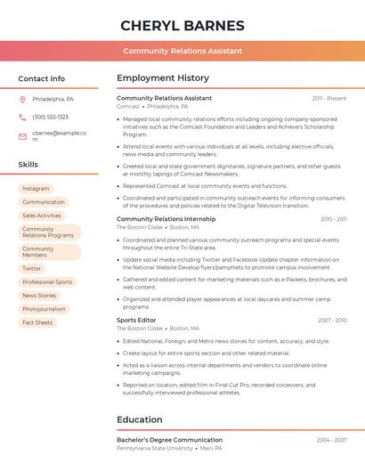 Community Relations Assistant Resume