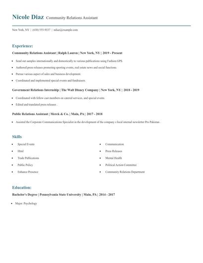 Community Relations Assistant Resume