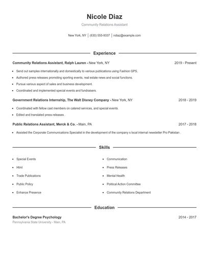 Community Relations Assistant Resume