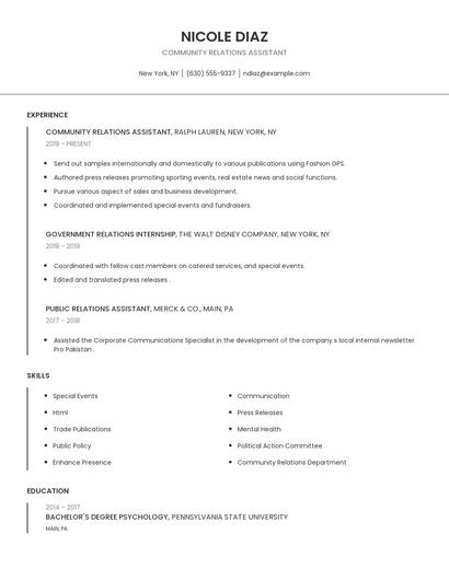 Community Relations Assistant Resume