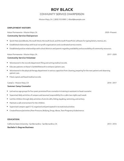 Community Service Chairperson Resume