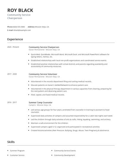Community Service Chairperson Resume