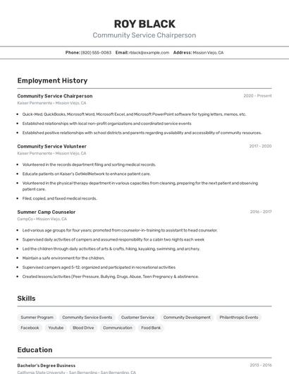 Community Service Chairperson Resume