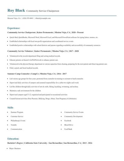 Community Service Chairperson Resume