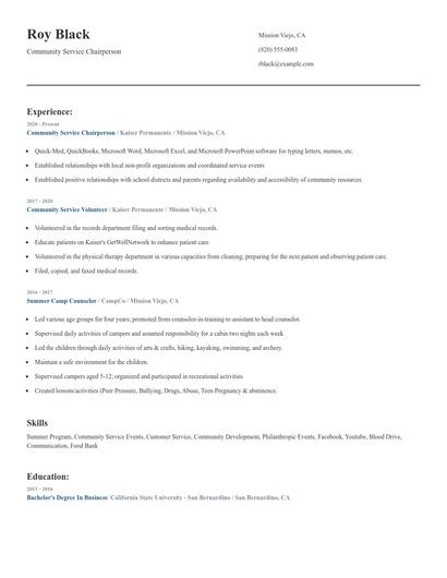 Community Service Chairperson Resume
