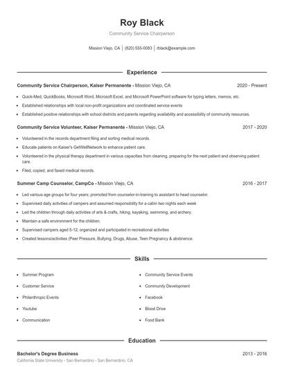 Community Service Chairperson Resume