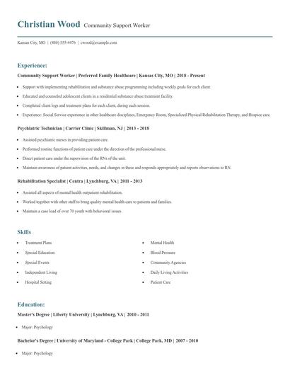 Community Support Worker Resume