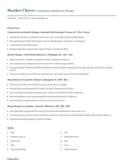 Compensation And Benefits Manager Resume