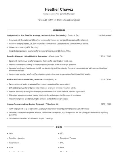 Compensation And Benefits Manager Resume
