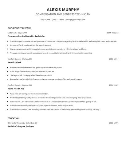 Compensation And Benefits Technician Resume