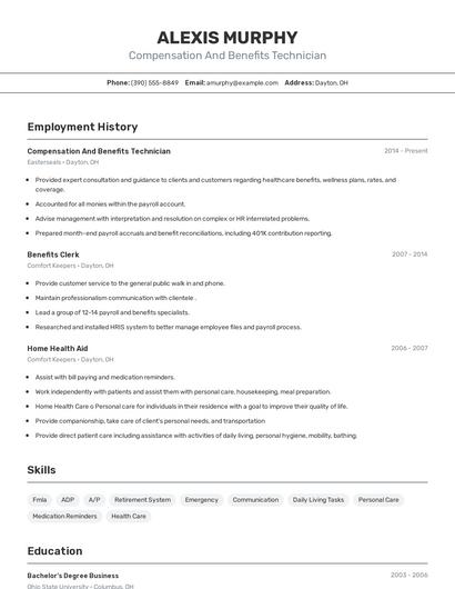 Compensation And Benefits Technician Resume