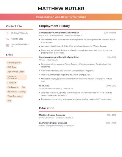 Compensation And Benefits Technician Resume