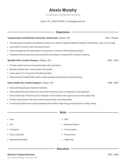 Compensation And Benefits Technician Resume
