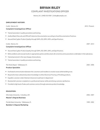 Complaint Investigations Officer Resume