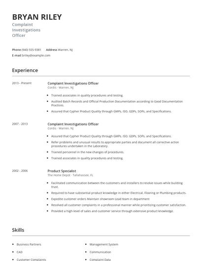 Complaint Investigations Officer Resume
