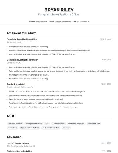 Complaint Investigations Officer Resume