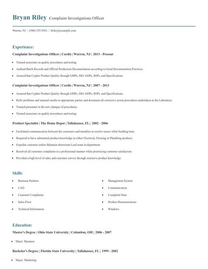 Complaint Investigations Officer Resume