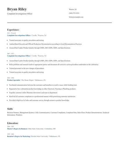 Complaint Investigations Officer Resume