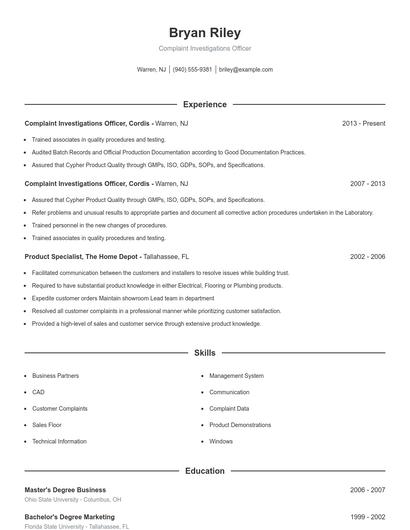 Complaint Investigations Officer Resume