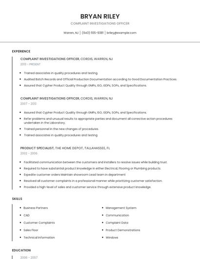 Complaint Investigations Officer Resume