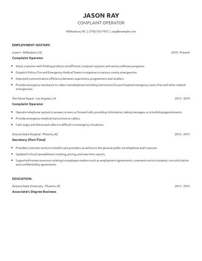 Complaint Operator Resume