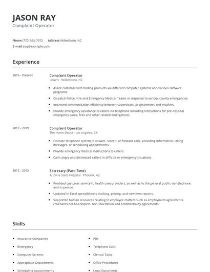 Complaint Operator Resume