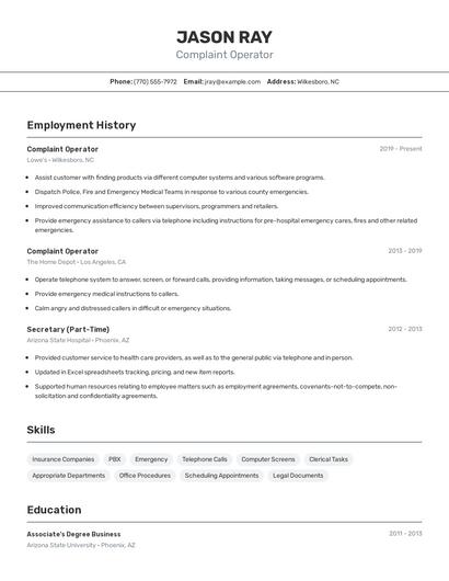 Complaint Operator Resume