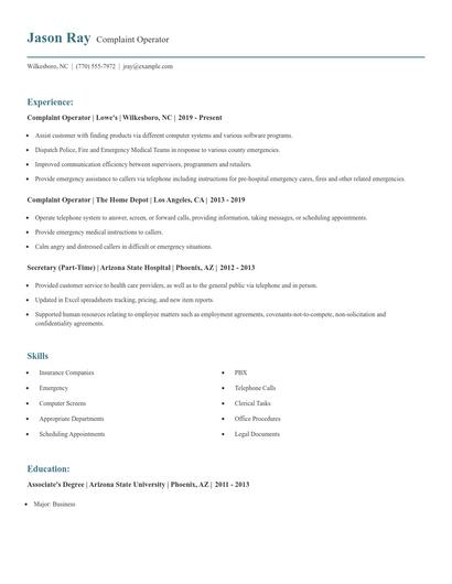 Complaint Operator Resume