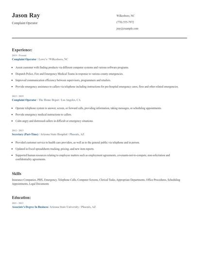 Complaint Operator Resume