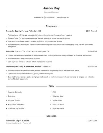 Complaint Operator Resume