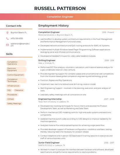 Completion Engineer Resume