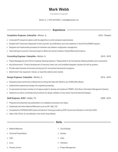 Completion Engineer Resume