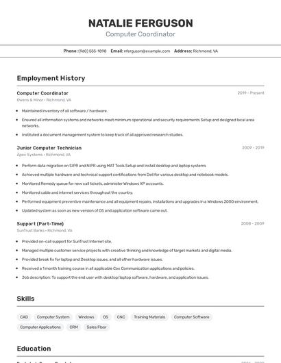 Computer Coordinator Resume
