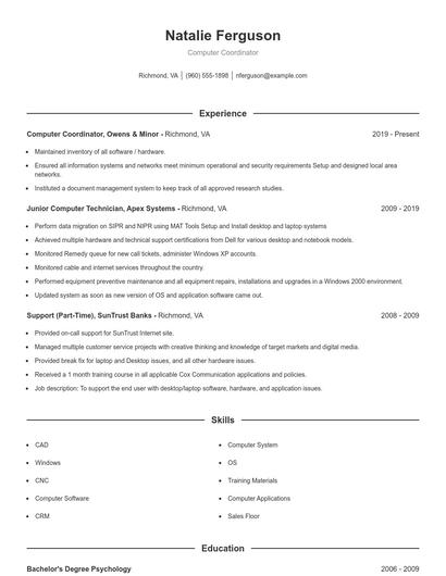 Computer Coordinator Resume
