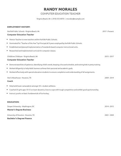 Computer Education Teacher Resume
