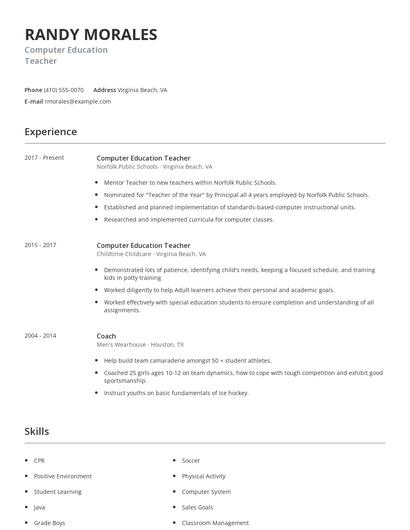 Computer Education Teacher Resume