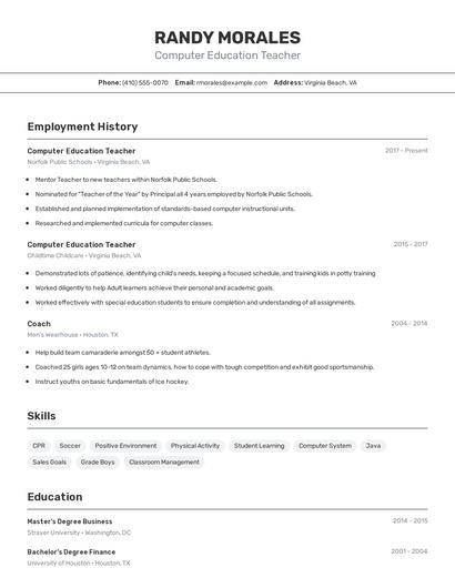 Computer Education Teacher Resume