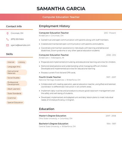 Computer Education Teacher Resume