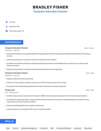 Computer Education Teacher Resume