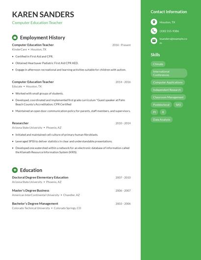 Computer Education Teacher Resume