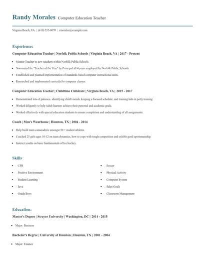 Computer Education Teacher Resume