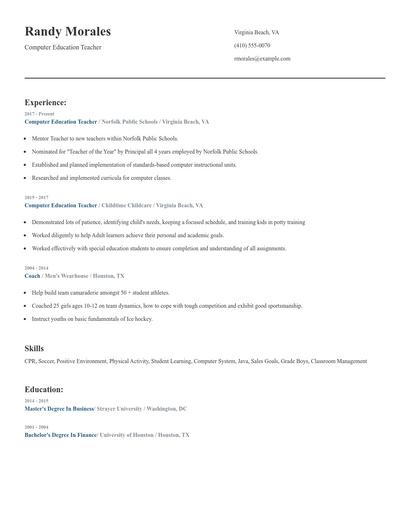 Computer Education Teacher Resume