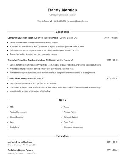 Computer Education Teacher Resume