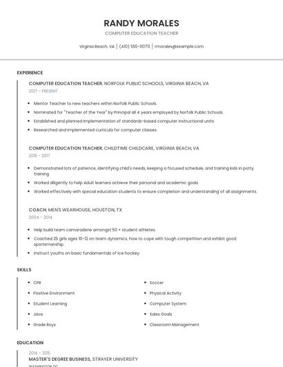 Computer Education Teacher Resume